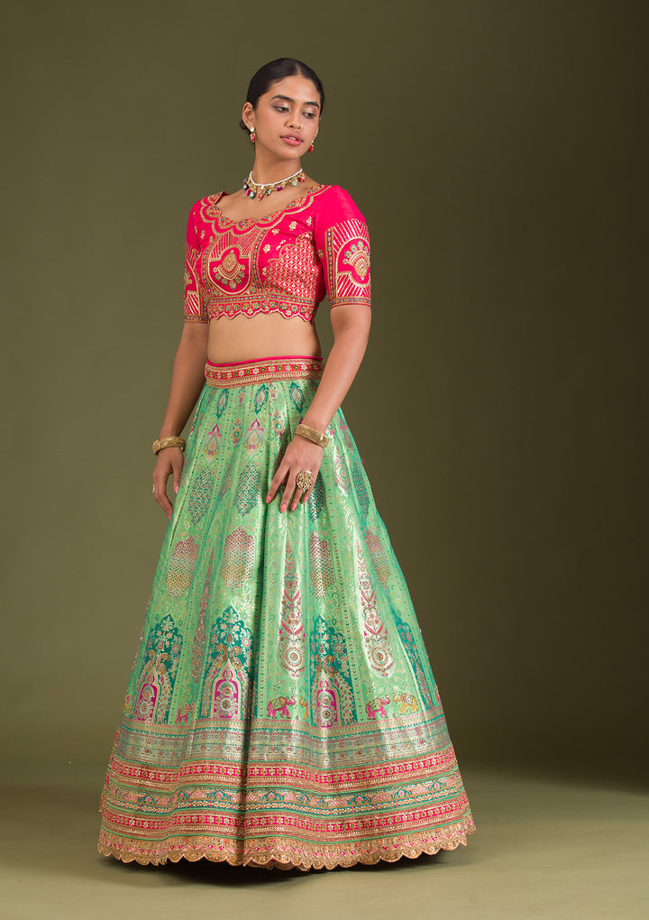 Leaf Green Zariwork Banarasi Readymade Lehenga