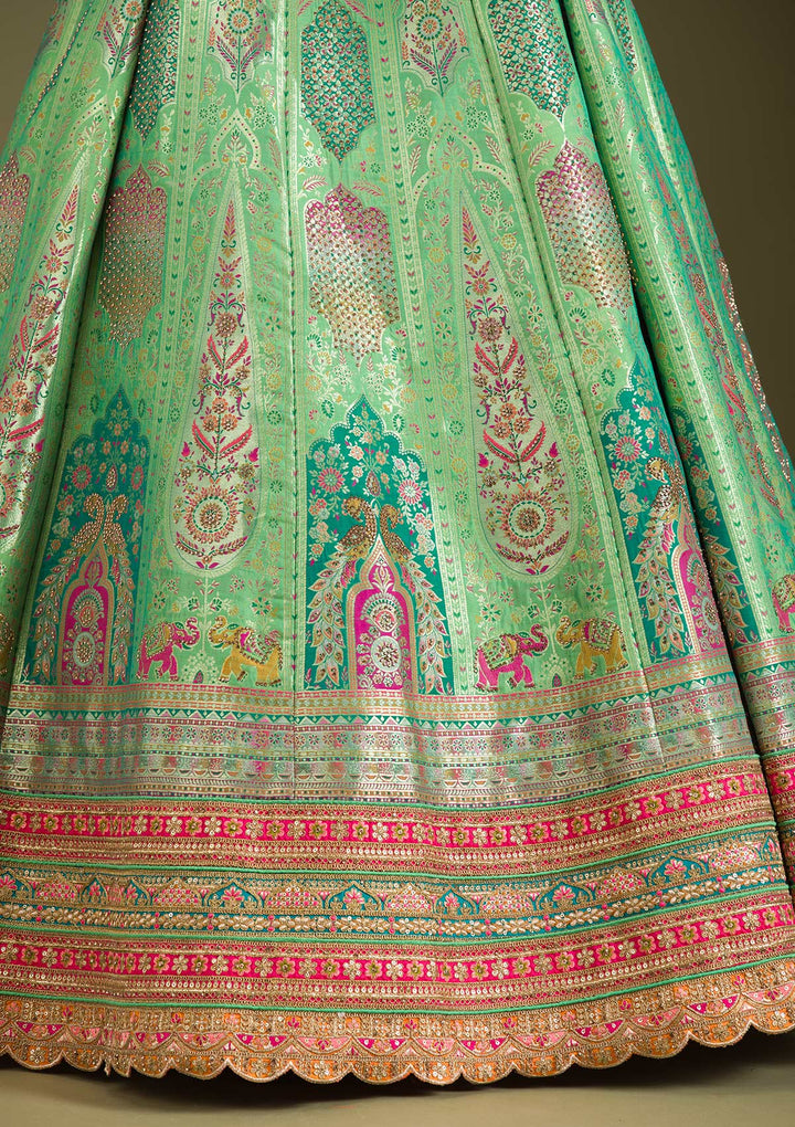 Leaf Green Zariwork Banarasi Readymade Lehenga