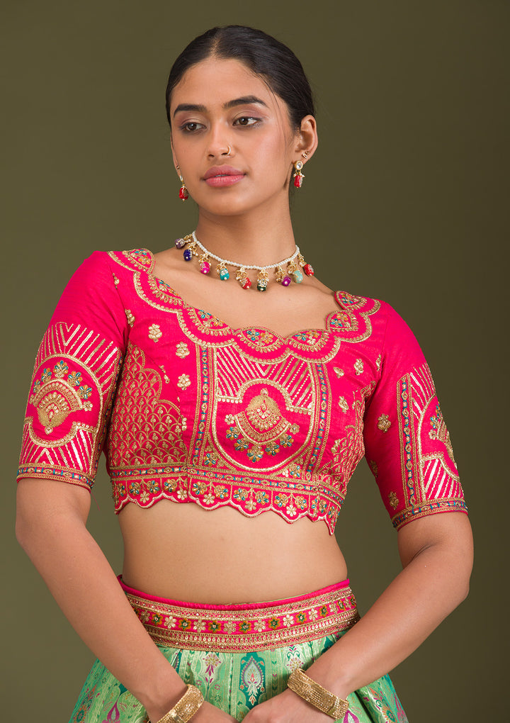 Leaf Green Zariwork Banarasi Readymade Lehenga