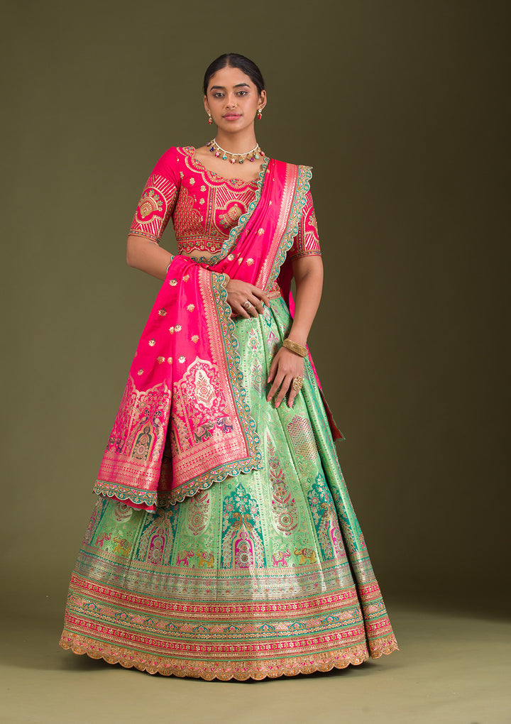 Leaf Green Zariwork Banarasi Readymade Lehenga