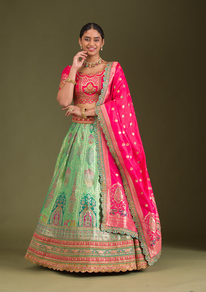 Leaf Green Zariwork Banarasi Readymade Lehenga