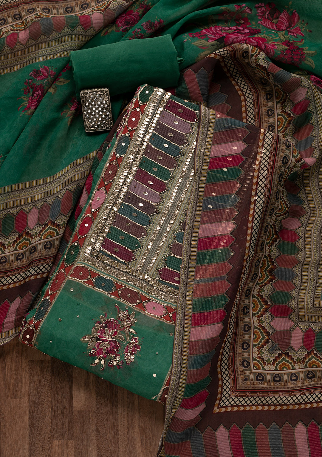 Leaf Green Gotapatti Georgette Unstitched Salwar Suit