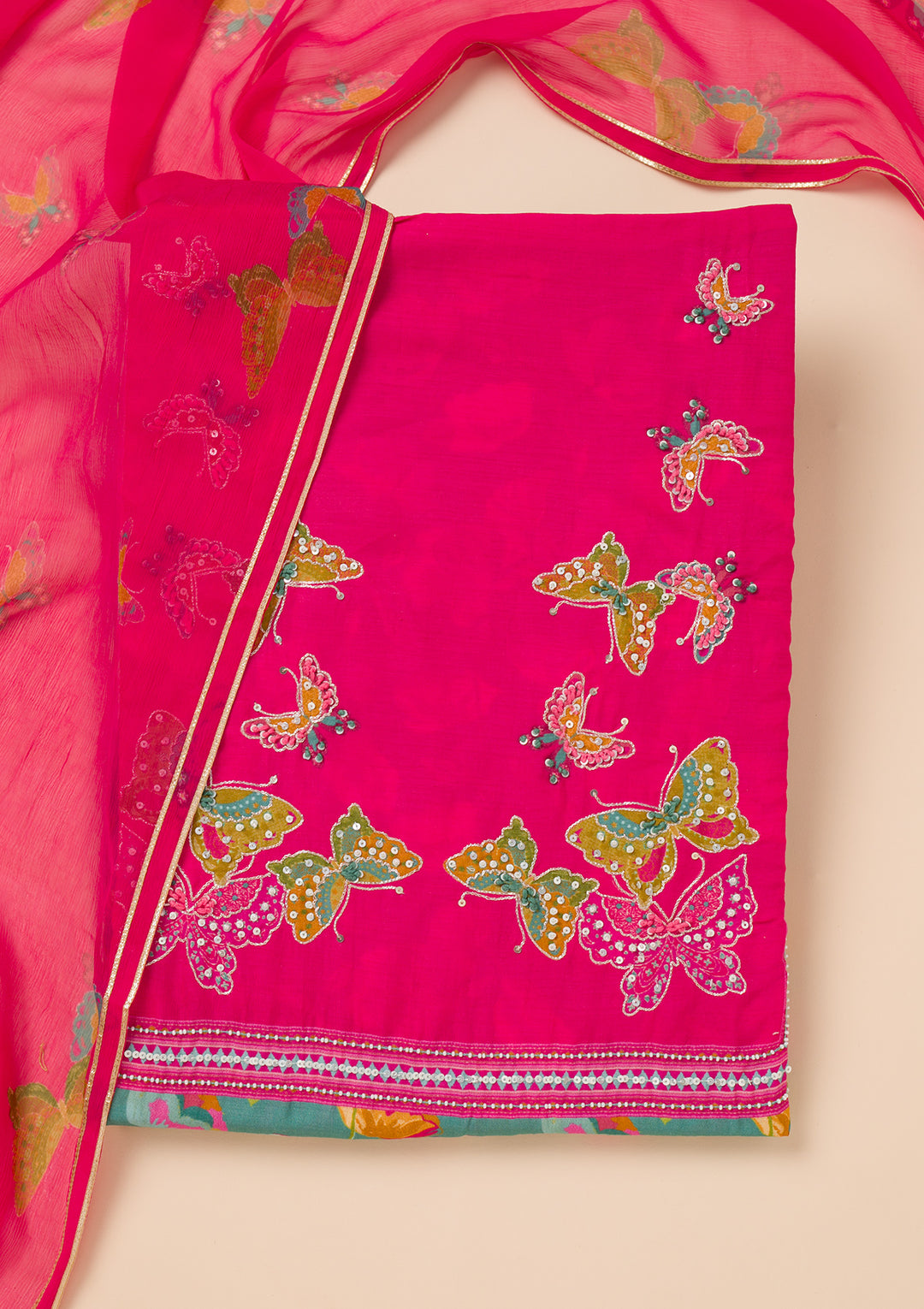 Leaf Green Printed Semi Crepe Unstitched Salwar Suit