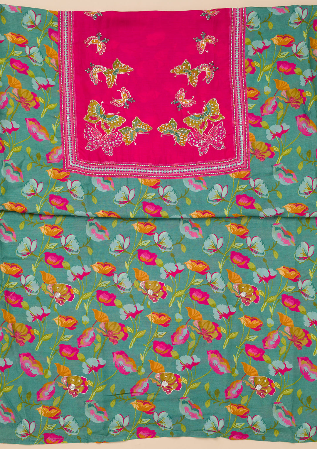 Leaf Green Printed Semi Crepe Unstitched Salwar Suit