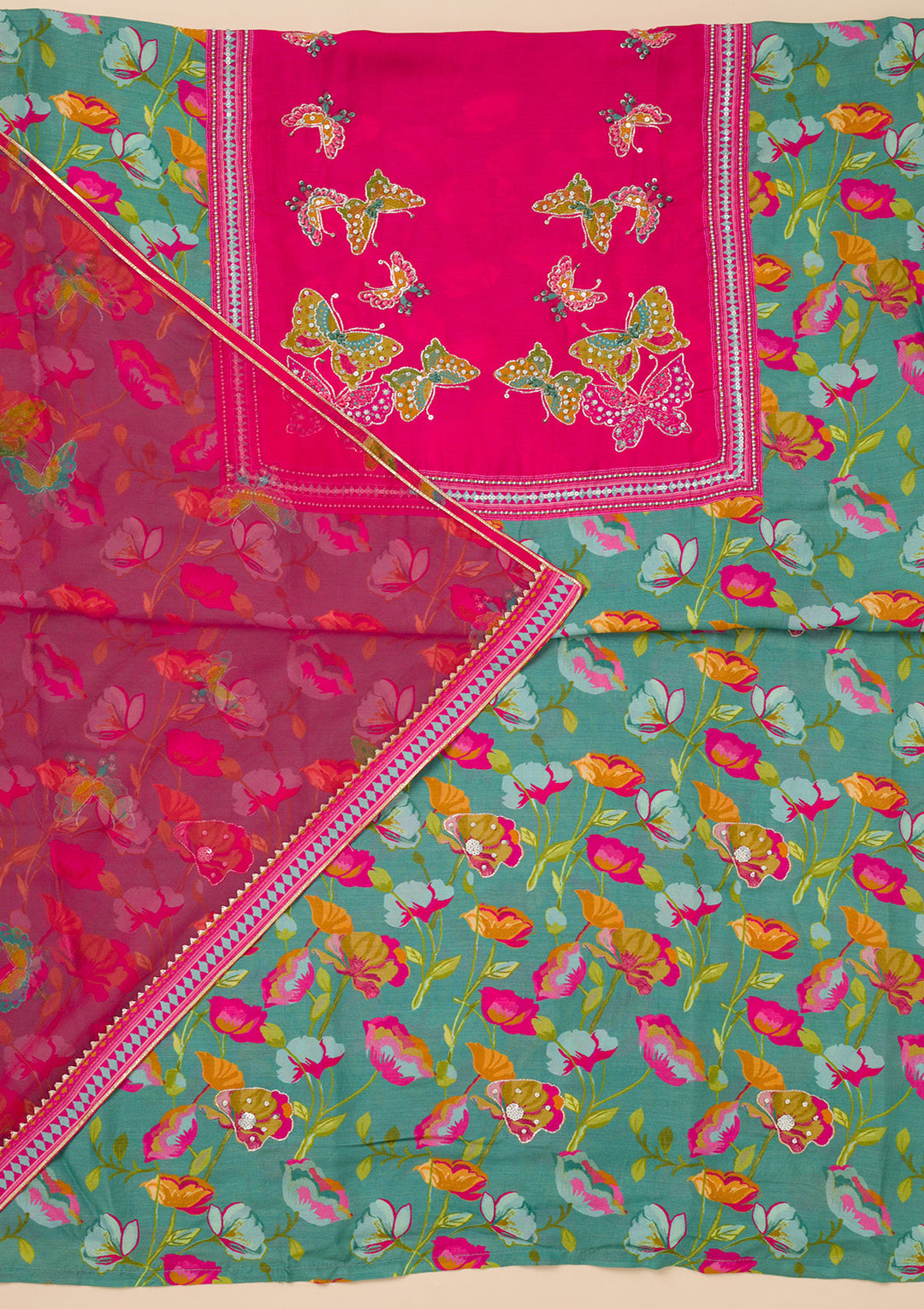 Leaf Green Printed Semi Crepe Unstitched Salwar Suit