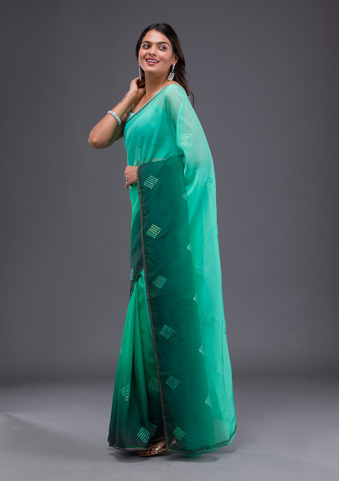 Leaf Green Swarovski Satin Saree