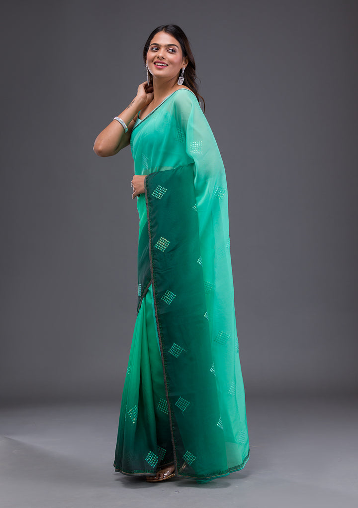 Leaf Green Swarovski Satin Saree