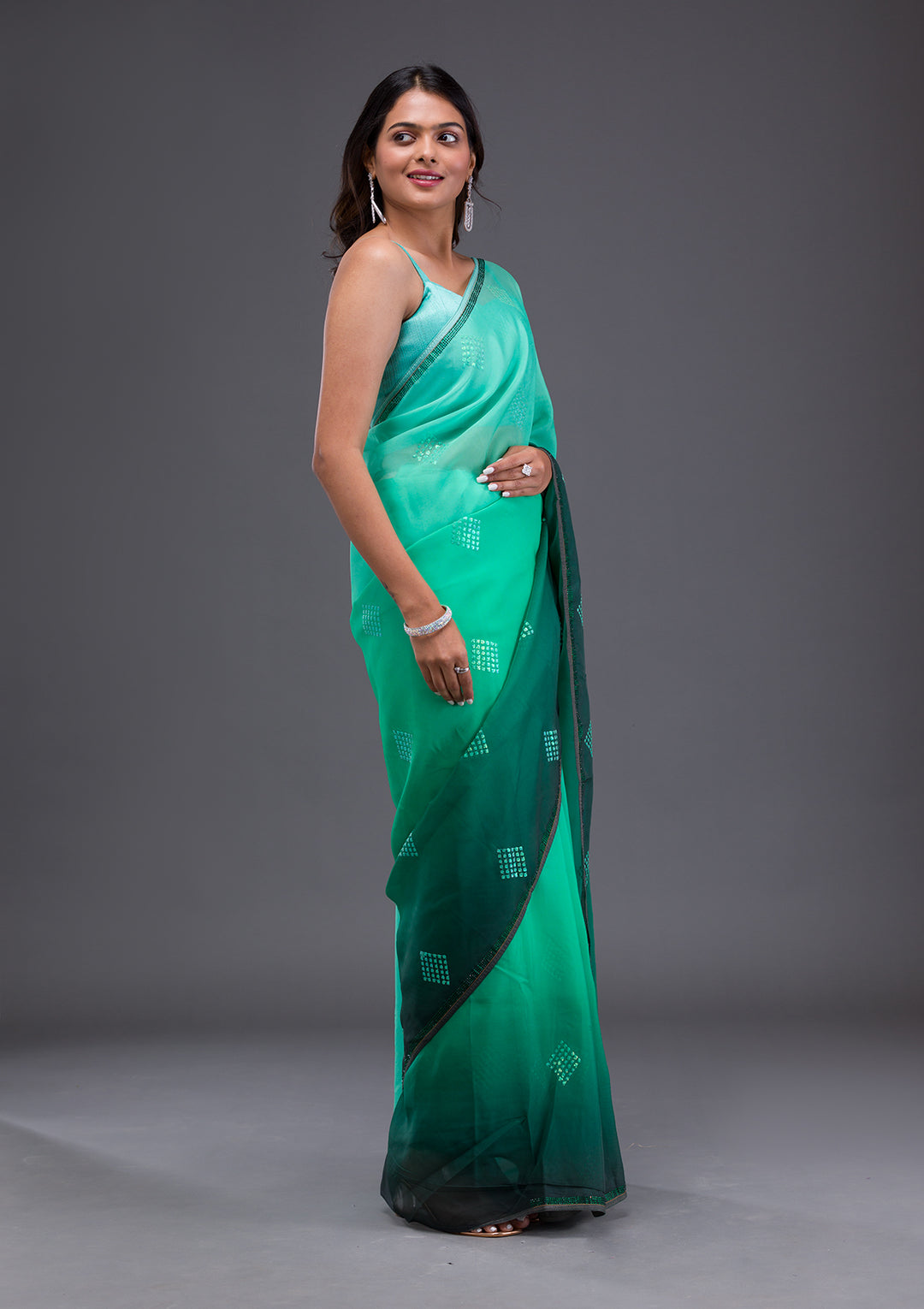 Leaf Green Swarovski Satin Saree