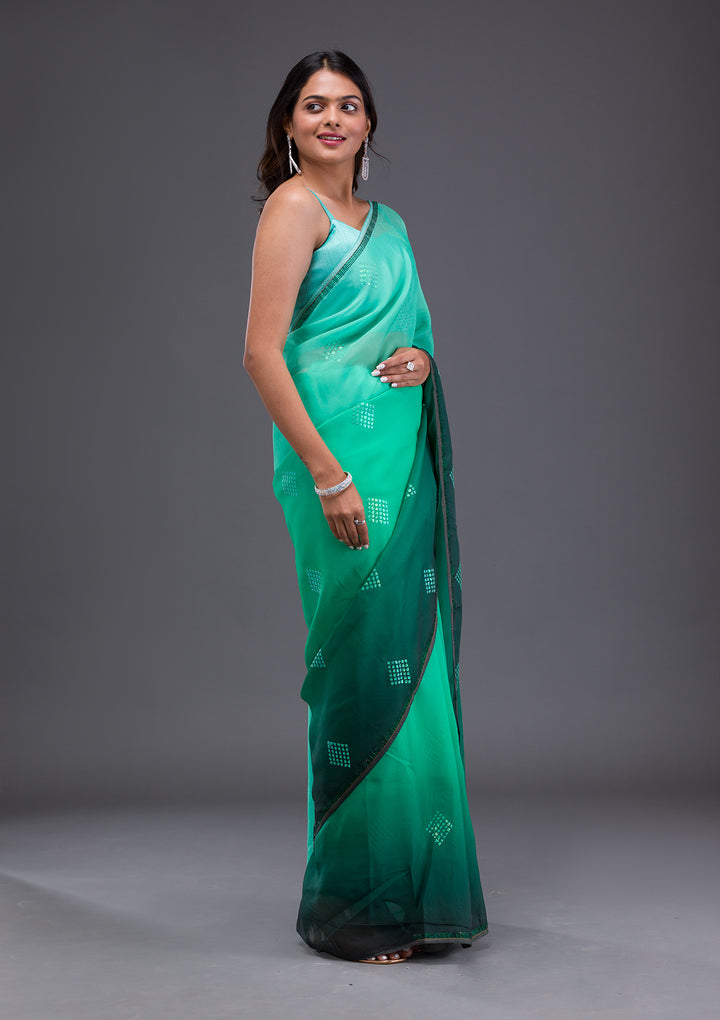 Leaf Green Swarovski Satin Saree