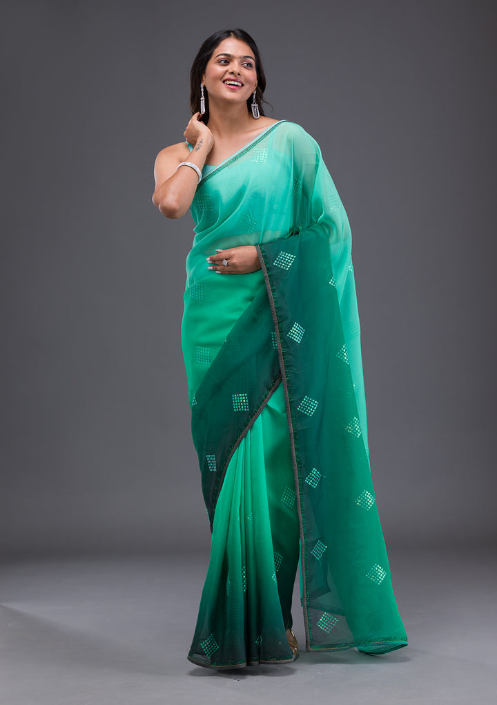Leaf Green Swarovski Satin Saree