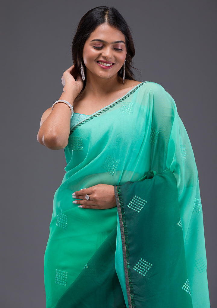 Leaf Green Swarovski Satin Saree