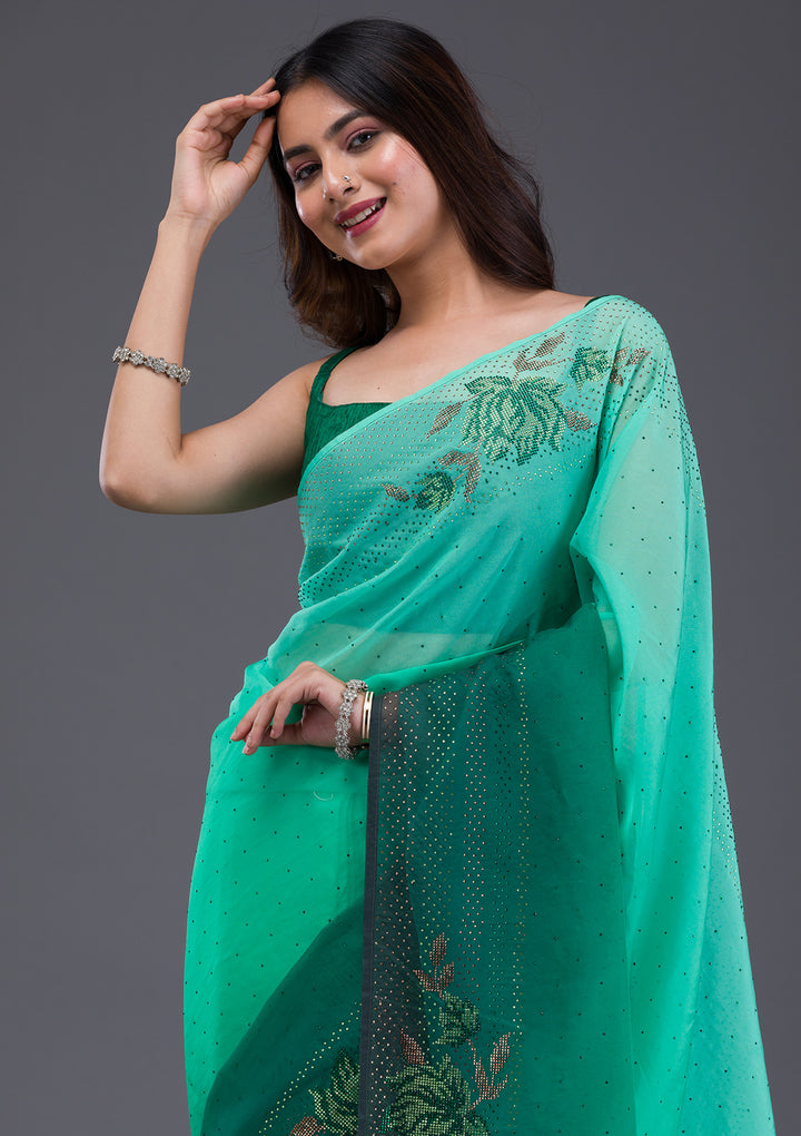 Leaf Green Swarovski Satin Saree