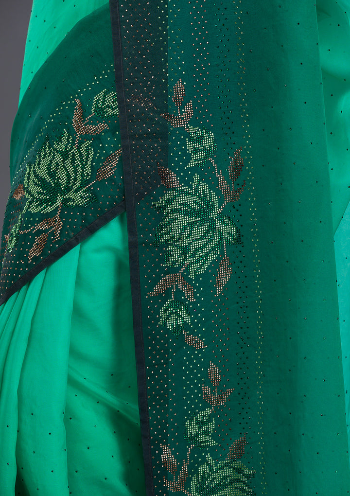 Leaf Green Swarovski Satin Saree