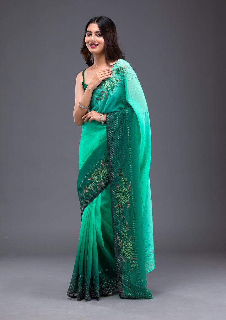 Leaf Green Swarovski Satin Saree