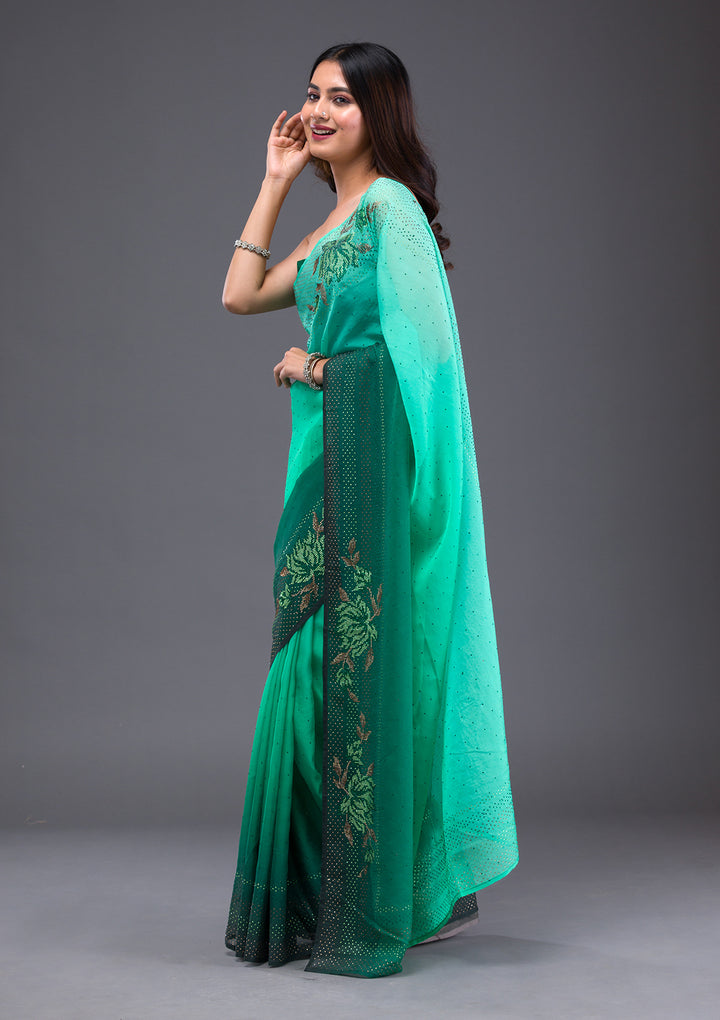 Leaf Green Swarovski Satin Saree