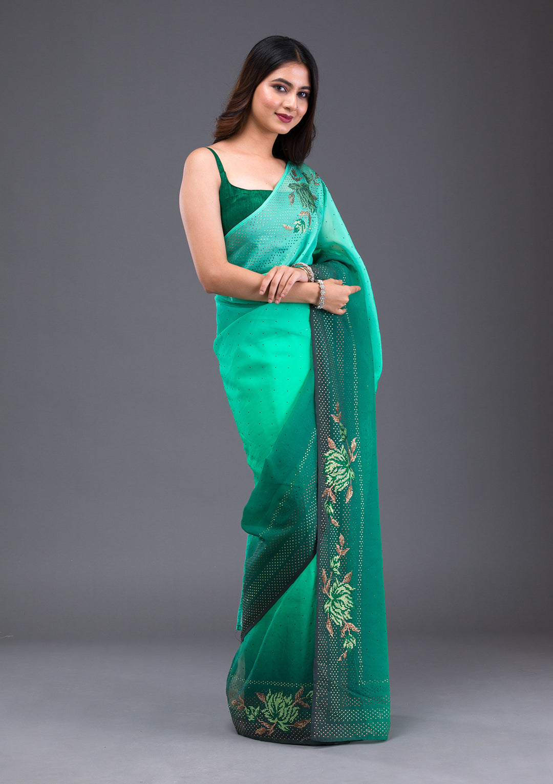 Leaf Green Swarovski Satin Saree