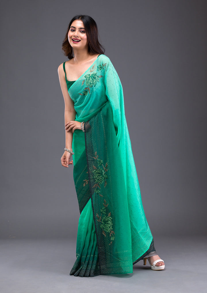 Leaf Green Swarovski Satin Saree