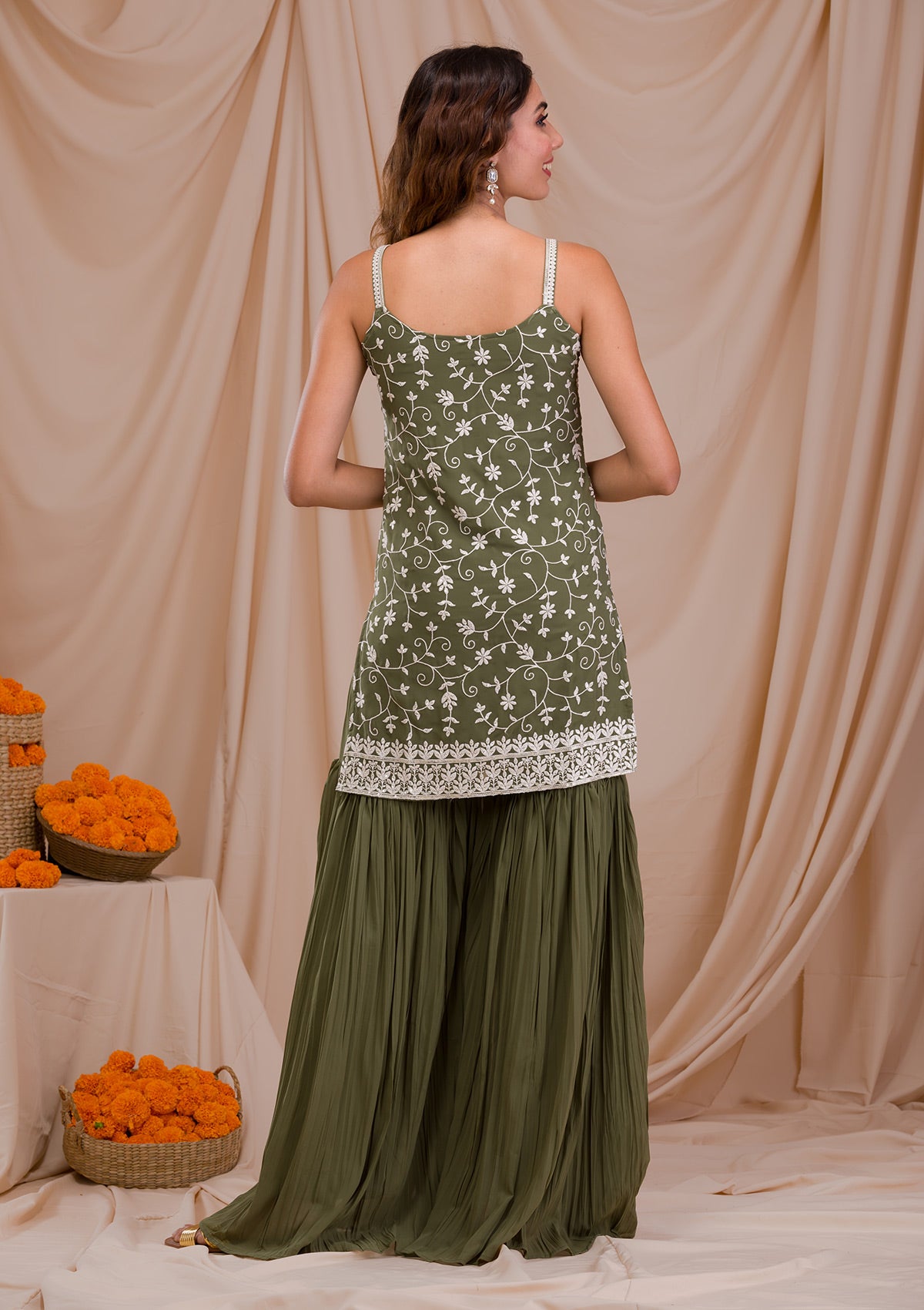 Leaf Green Threadwork Georgette Readymade Sharara Suit