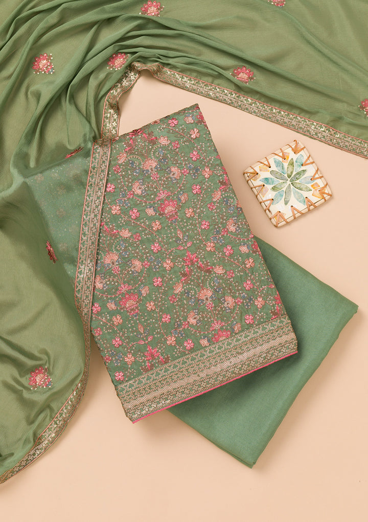 Leaf Green Threadwork Semi Crepe Unstitched Salwar Suit