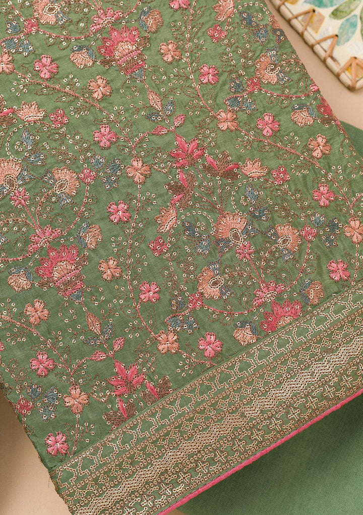 Leaf Green Threadwork Semi Crepe Unstitched Salwar Suit