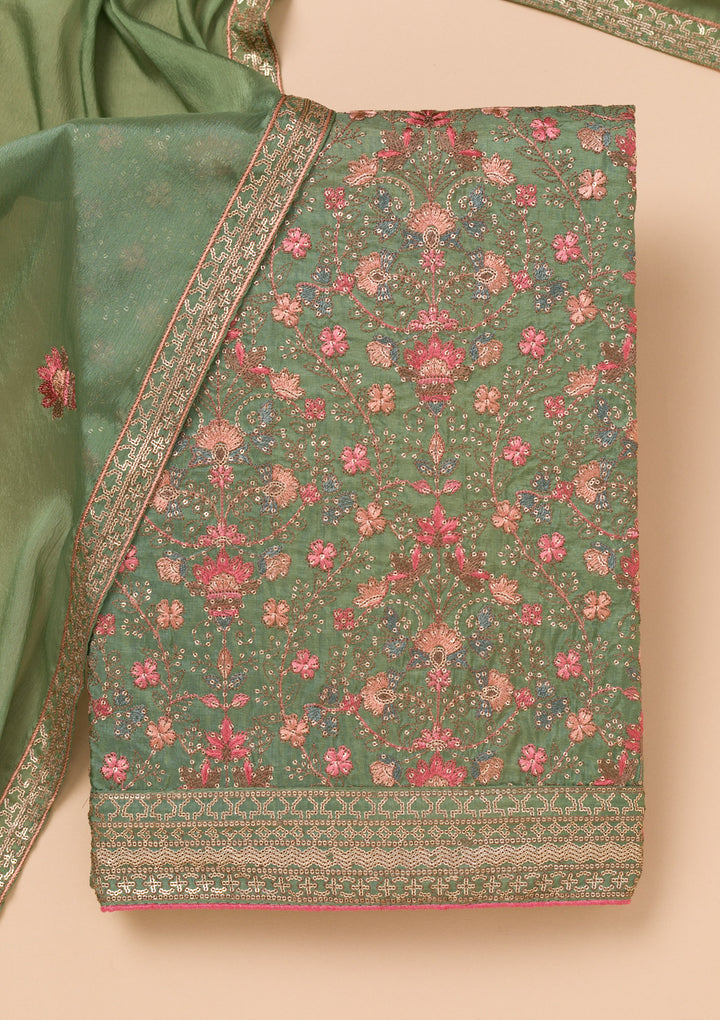 Leaf Green Threadwork Semi Crepe Unstitched Salwar Suit