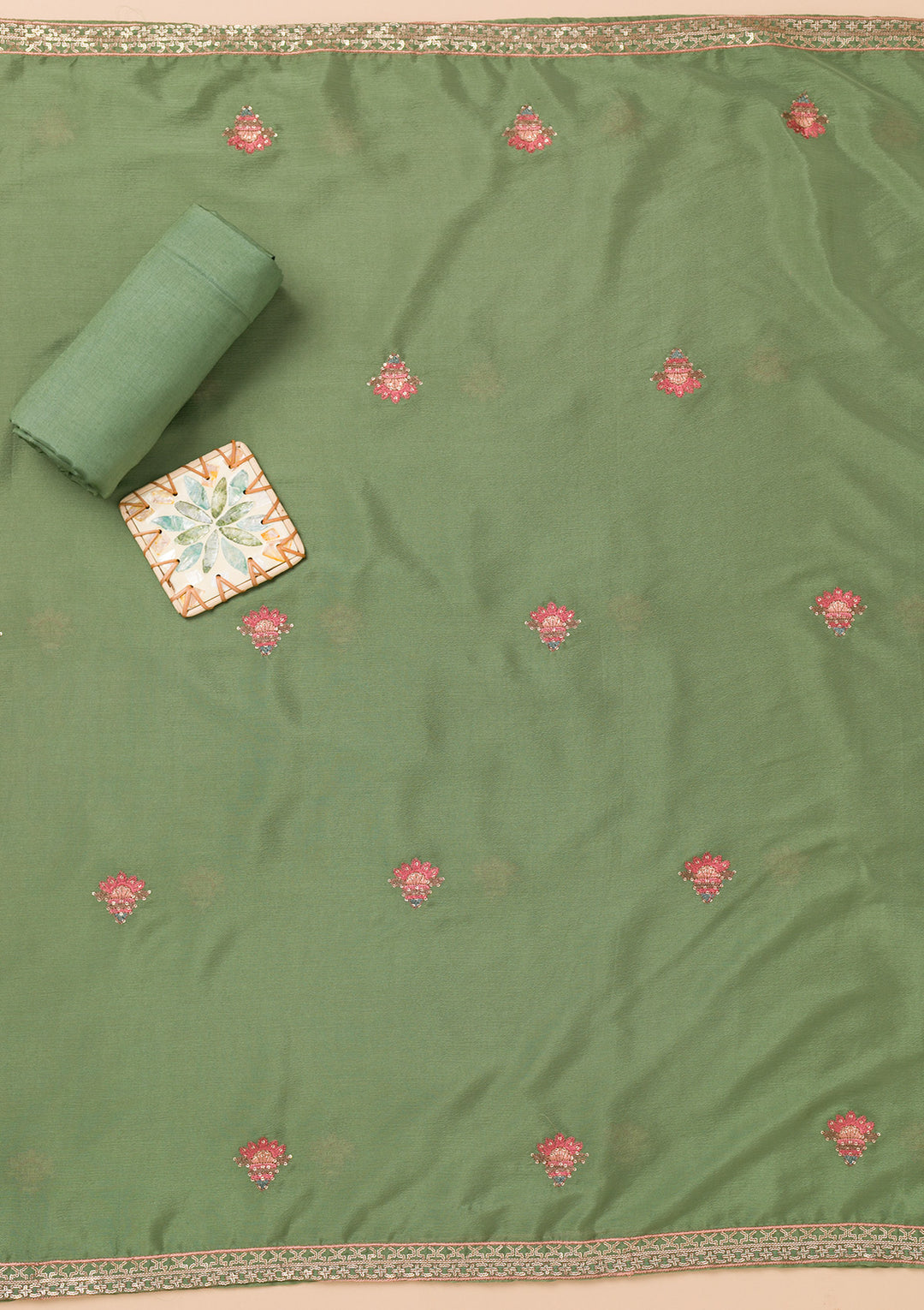 Leaf Green Threadwork Semi Crepe Unstitched Salwar Suit