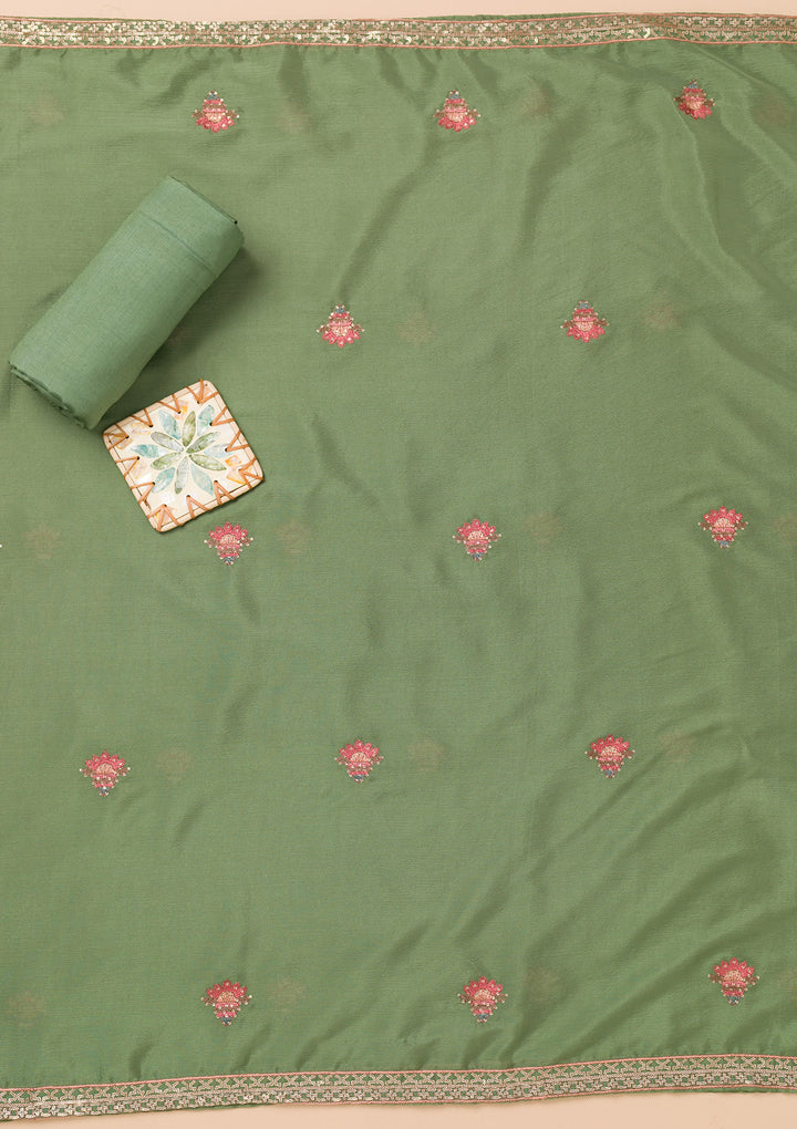 Leaf Green Threadwork Semi Crepe Unstitched Salwar Suit