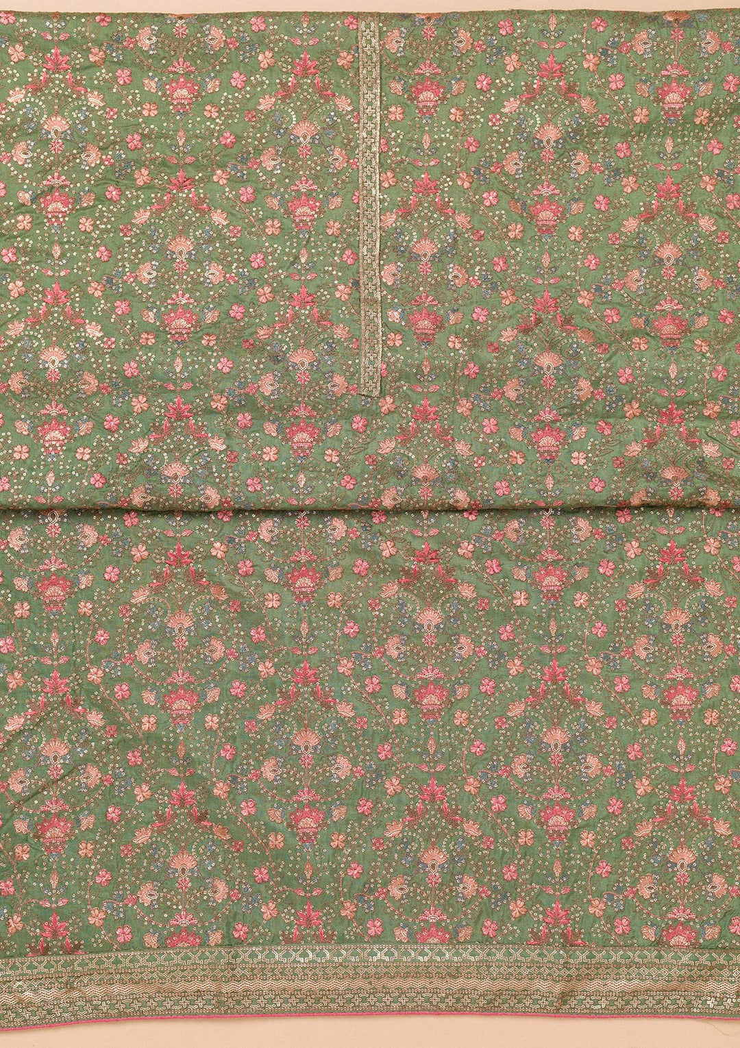 Leaf Green Threadwork Semi Crepe Unstitched Salwar Suit
