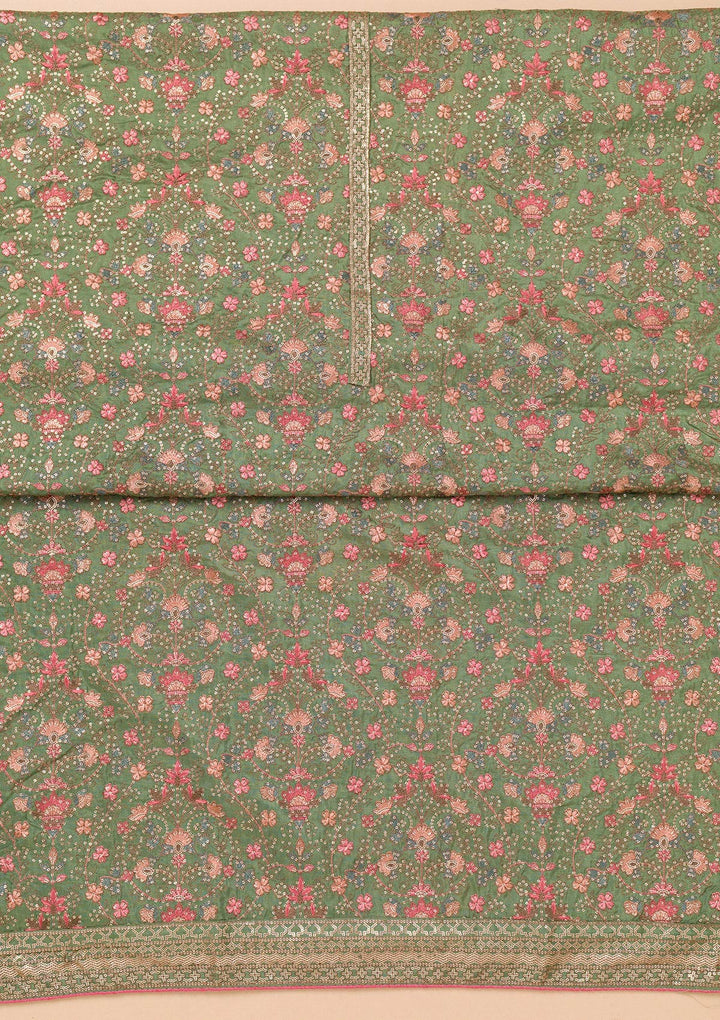 Leaf Green Threadwork Semi Crepe Unstitched Salwar Suit