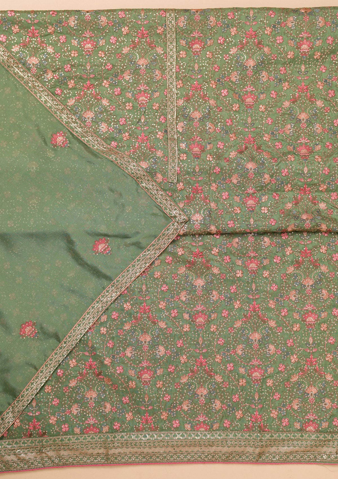 Leaf Green Threadwork Semi Crepe Unstitched Salwar Suit