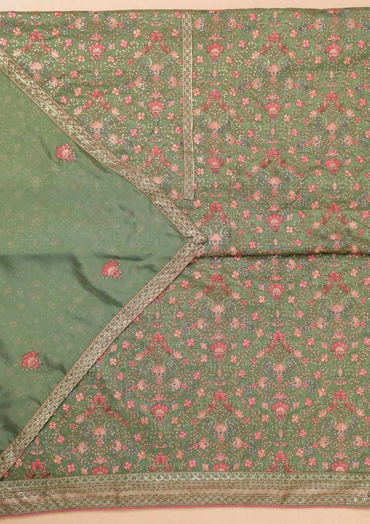 Leaf Green Threadwork Semi Crepe Unstitched Salwar Suit