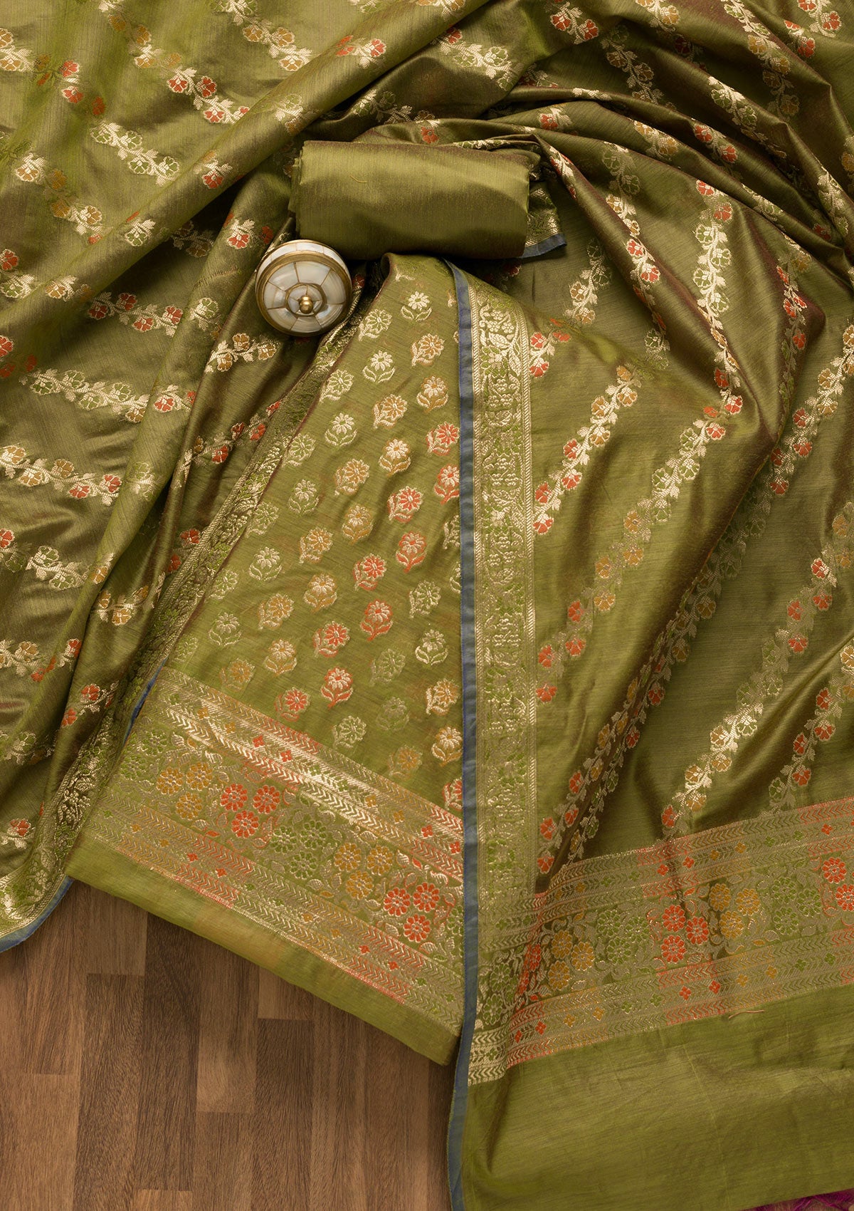 Leaf Green Zariwork Banarasi Unstitched Salwar Suit-Koskii