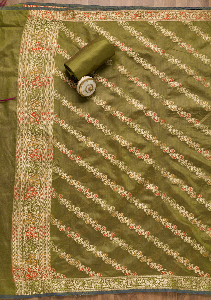 Leaf Green Zariwork Banarasi Unstitched Salwar Suit