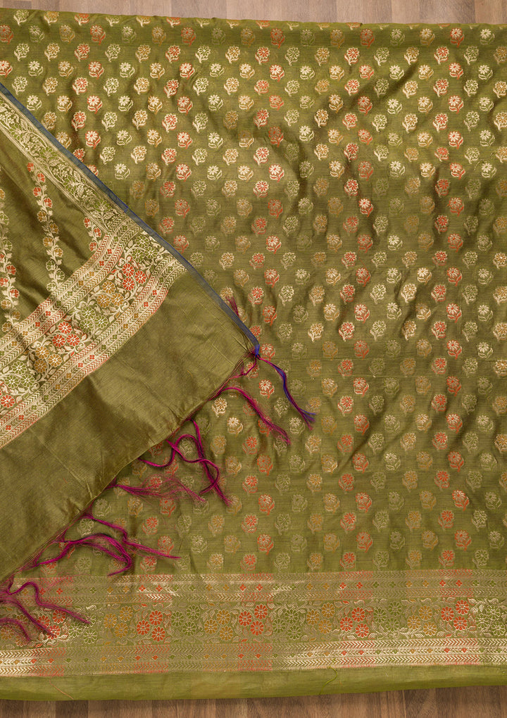 Leaf Green Zariwork Banarasi Unstitched Salwar Suit