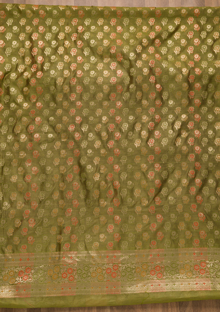 Leaf Green Zariwork Banarasi Unstitched Salwar Suit
