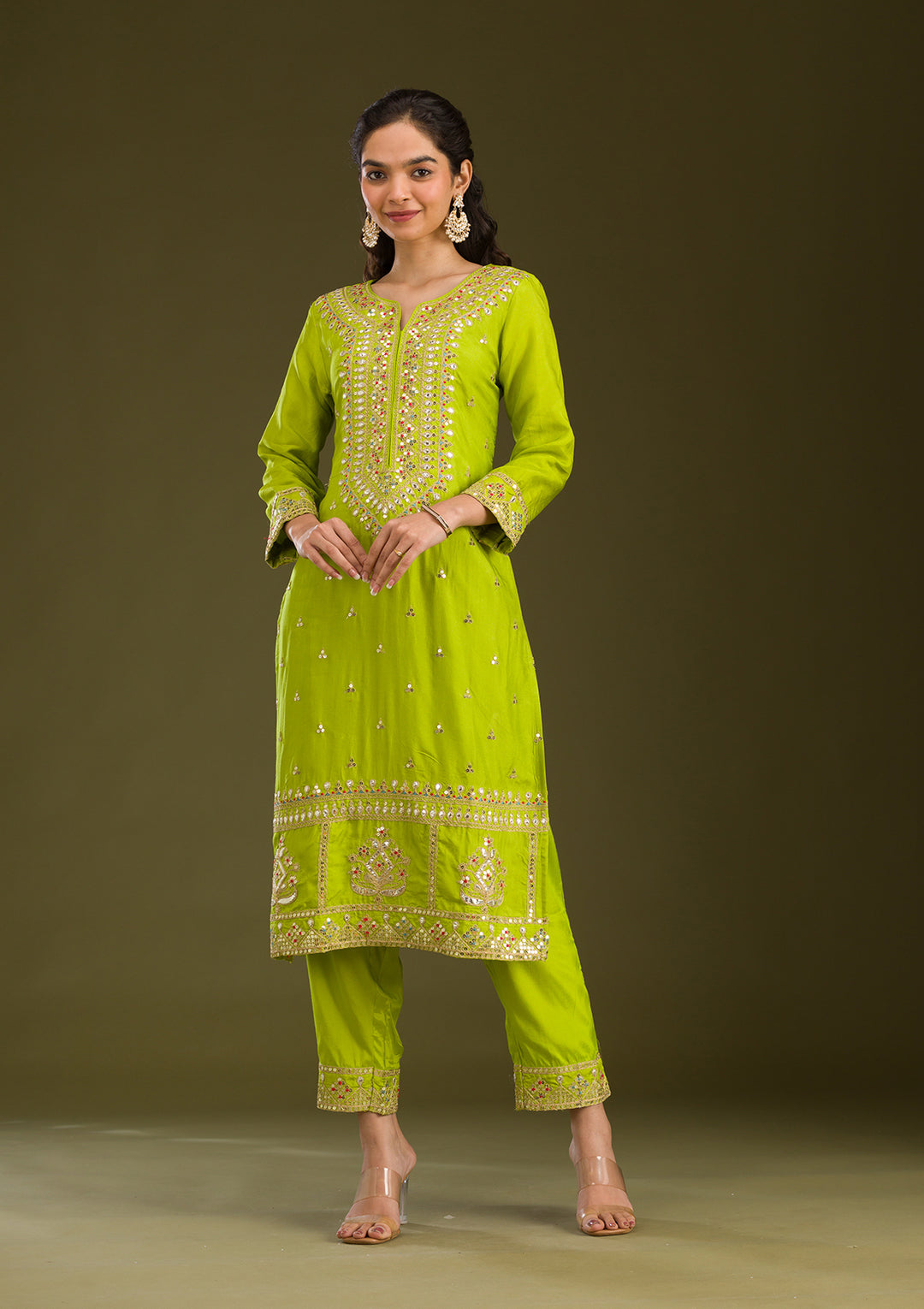Leaf Green Zariwork Semi Crepe Readymade Salwar Suit