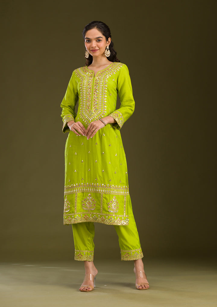 Leaf Green Zariwork Semi Crepe Readymade Salwar Suit