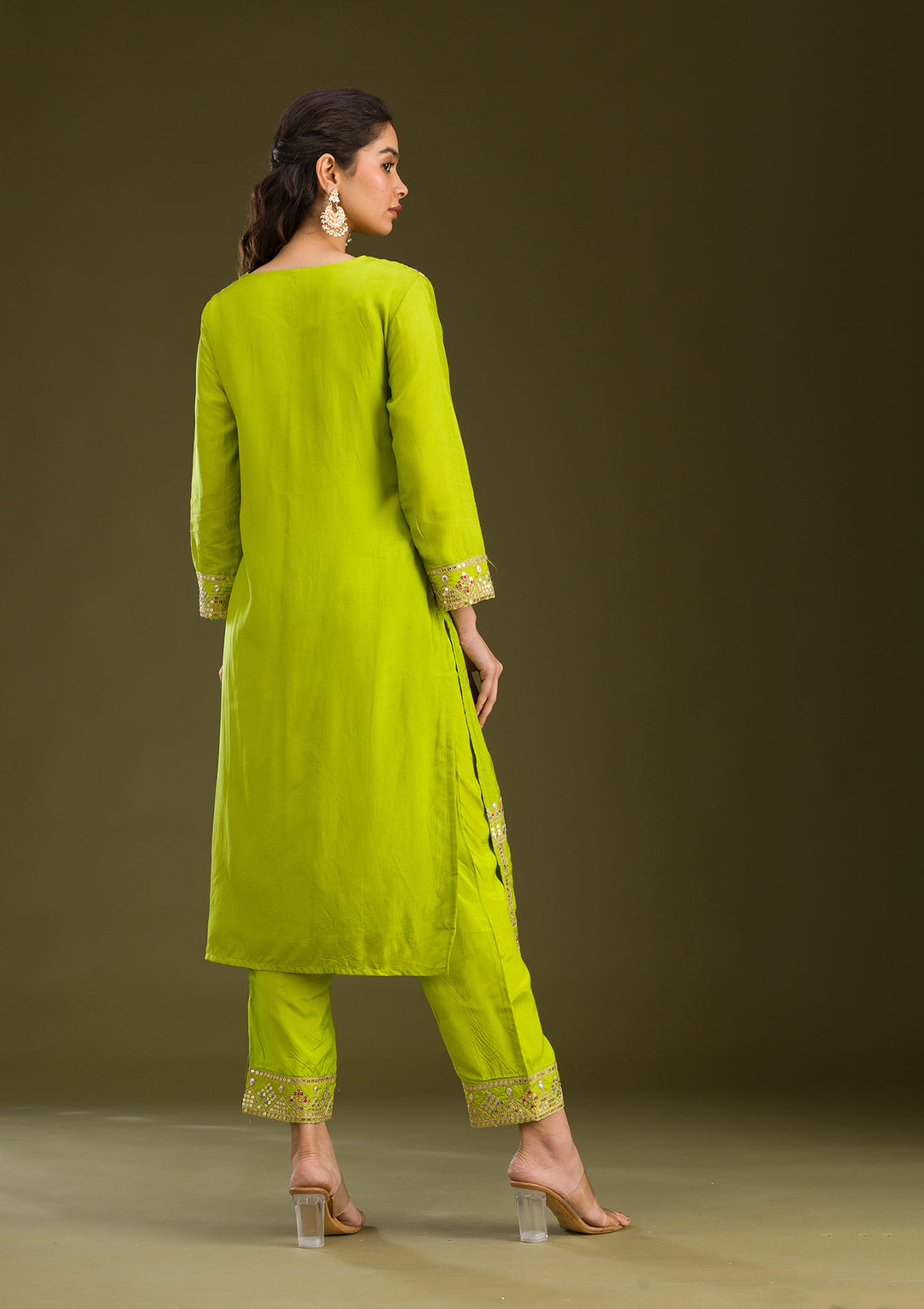Leaf Green Zariwork Semi Crepe Readymade Salwar Suit