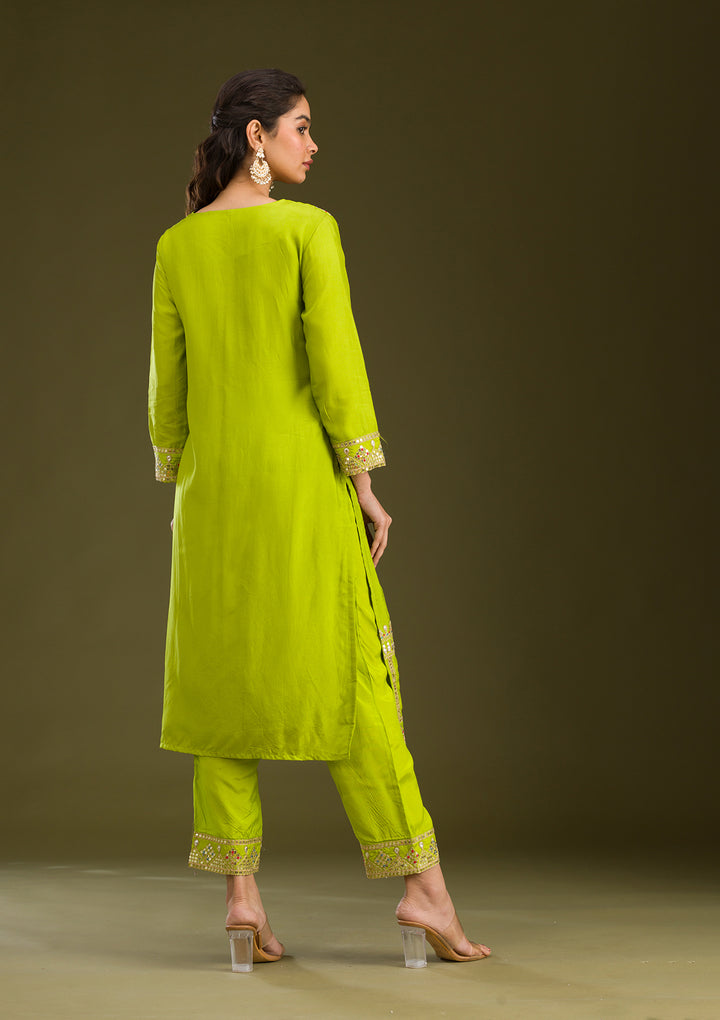 Leaf Green Zariwork Semi Crepe Readymade Salwar Suit