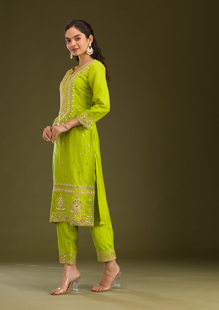 Leaf Green Zariwork Semi Crepe Readymade Salwar Suit