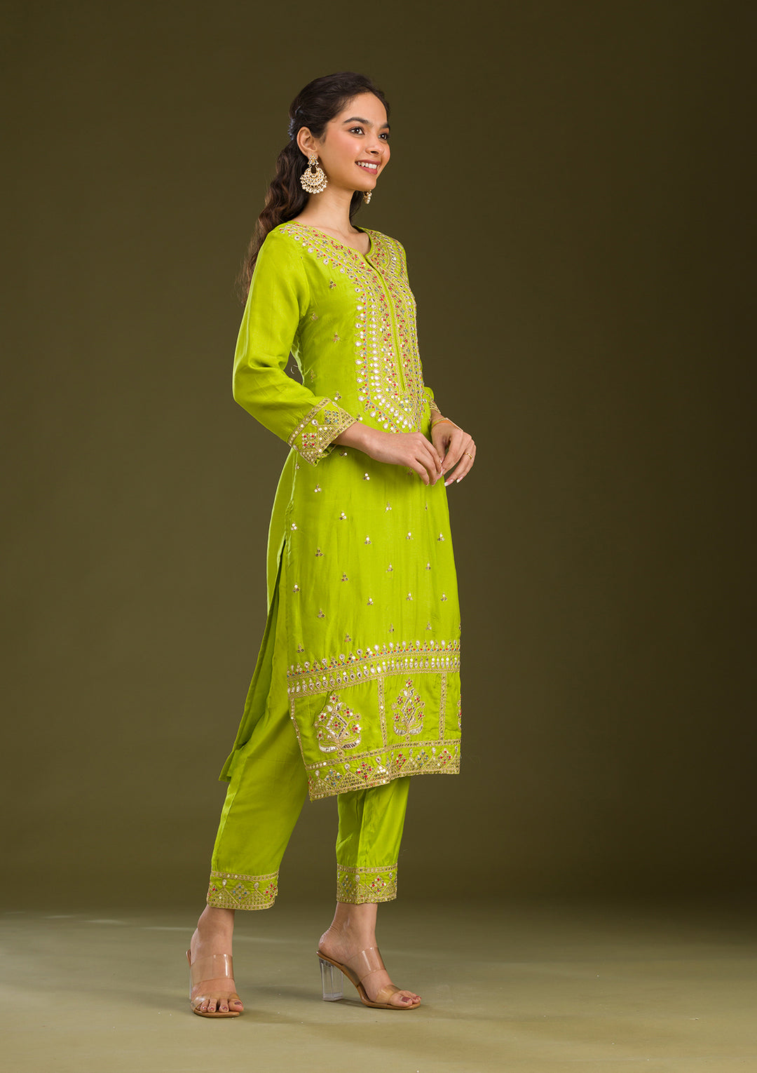 Leaf Green Zariwork Semi Crepe Readymade Salwar Suit