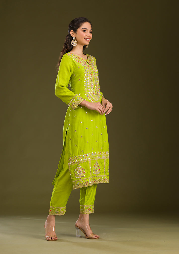 Leaf Green Zariwork Semi Crepe Readymade Salwar Suit