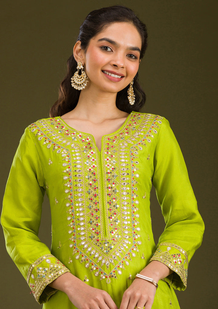 Leaf Green Zariwork Semi Crepe Readymade Salwar Suit
