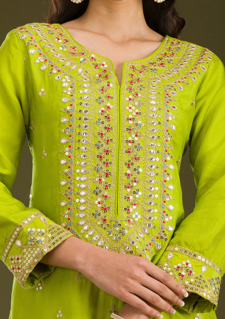 Leaf Green Zariwork Semi Crepe Readymade Salwar Suit