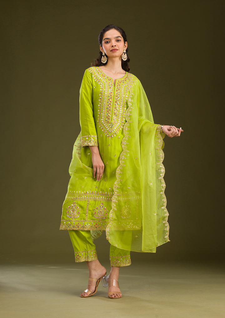 Leaf Green Zariwork Semi Crepe Readymade Salwar Suit