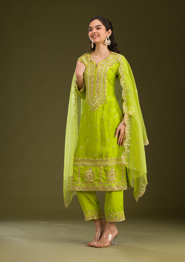 Leaf Green Zariwork Semi Crepe Readymade Salwar Suit