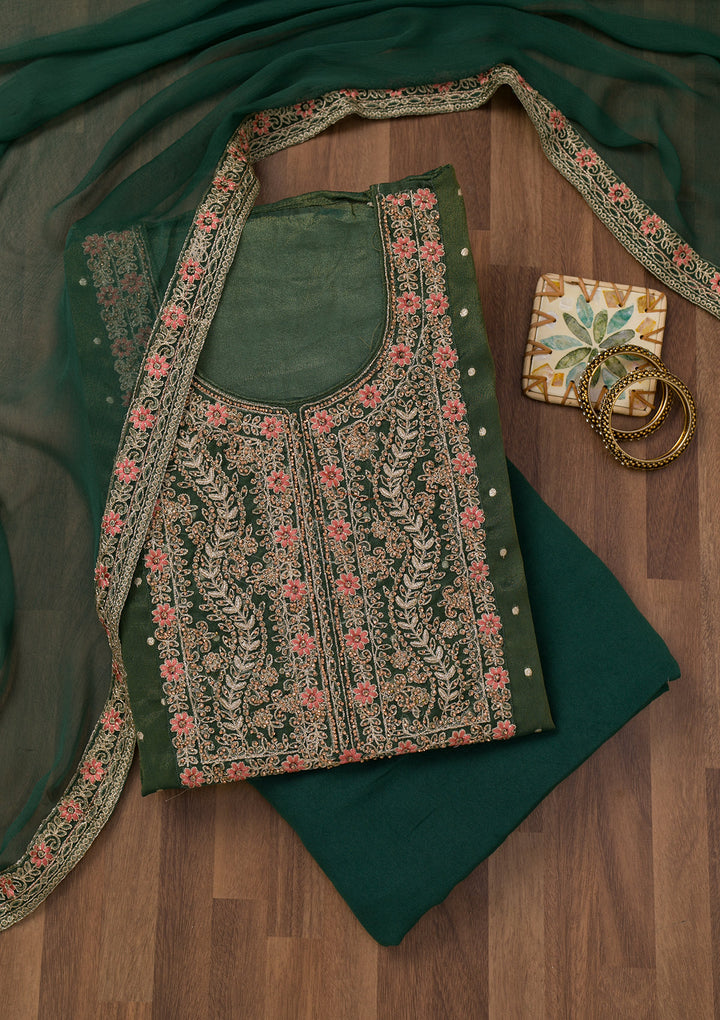 Leaf Green Zariwork Semi Crepe Unstitched Salwar Suit