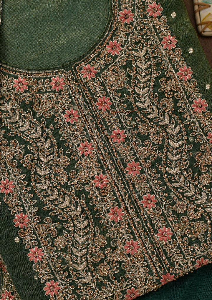 Leaf Green Zariwork Semi Crepe Unstitched Salwar Suit