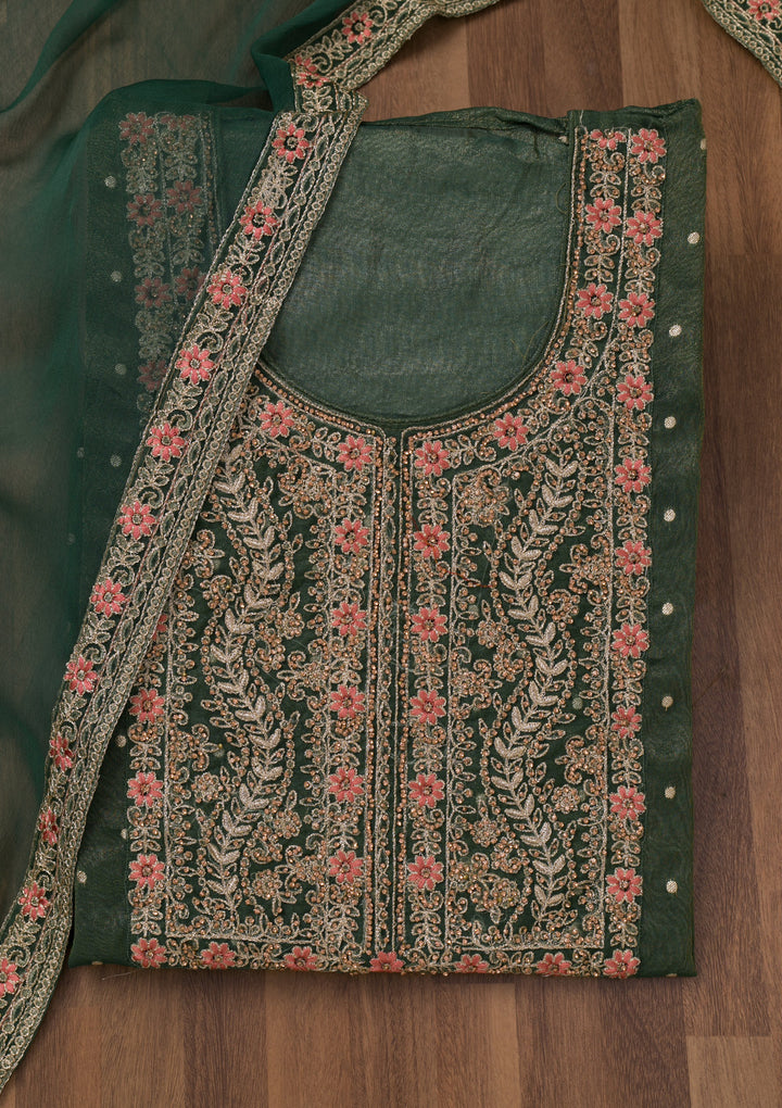 Leaf Green Zariwork Semi Crepe Unstitched Salwar Suit