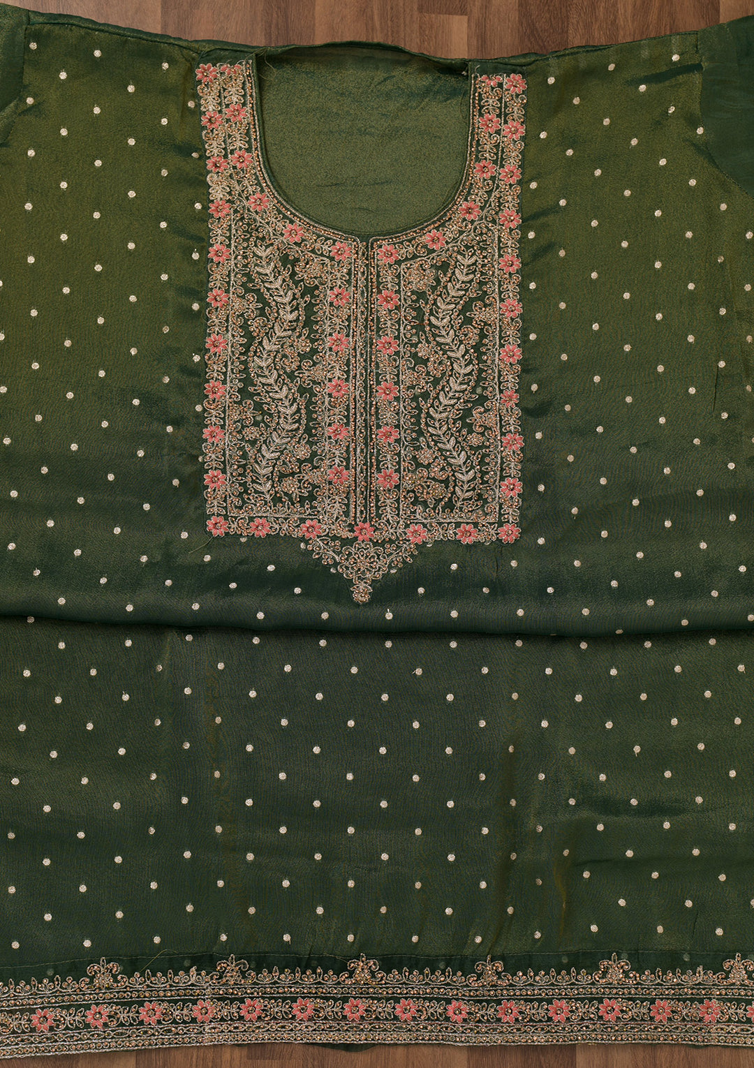 Leaf Green Zariwork Semi Crepe Unstitched Salwar Suit